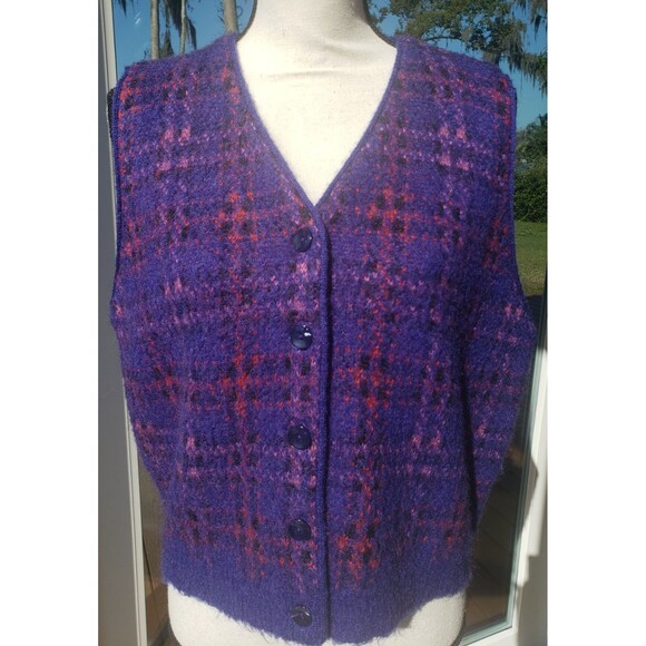 Vintage 90s LizSport Purple Plaid Mohair Button Up Academia Sweater Vest Sz L - Picture 1 of 14